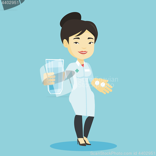 Image of Pharmacist giving pills and glass of water.