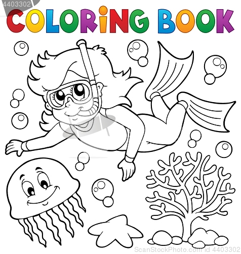 Image of Coloring book girl snorkel diver