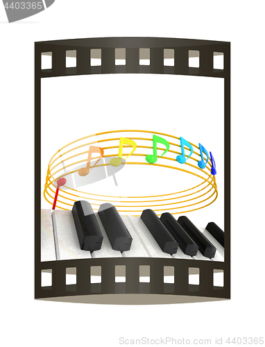 Image of music notes  background. 3D illustration. The film strip.