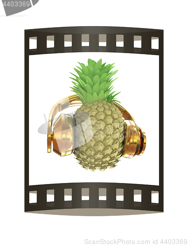Image of Fashion gold pineapple with headphones listens to music. 3d illu