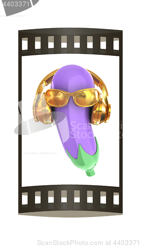 Image of eggplant with sun glass and headphones front \"face\" on a white b