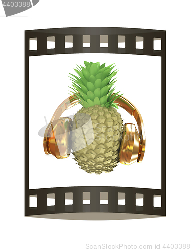 Image of Fashion gold pineapple with headphones listens to music. 3d illu