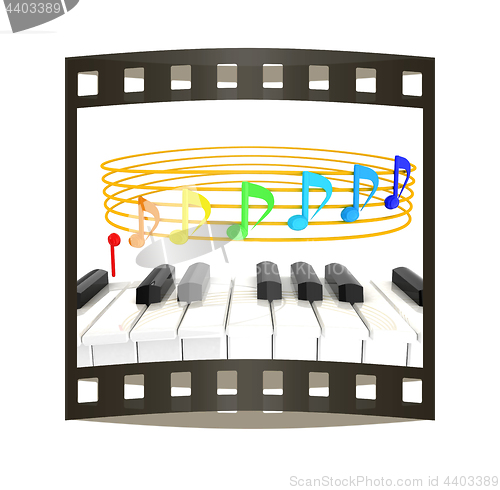 Image of music notes  background. 3D illustration. The film strip.