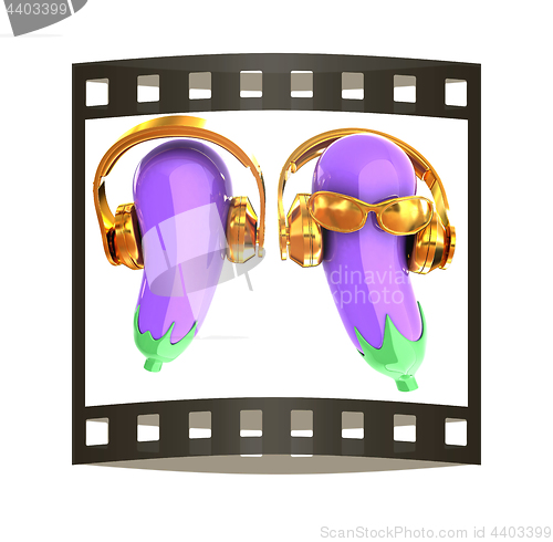Image of eggplant with sun glass and headphones front \"face\" on a white b
