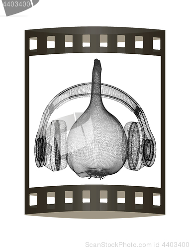 Image of Head of garlic with headphones on a white background. 3D illustr