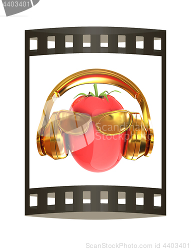 Image of tomato with sun glass and headphones front \"face\" on a white bac