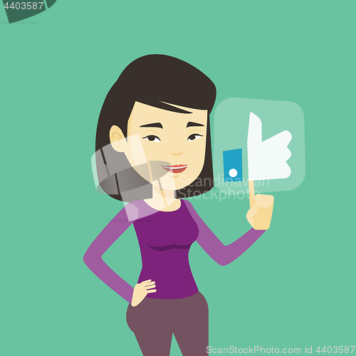 Image of Woman pressing like button vector illustration.