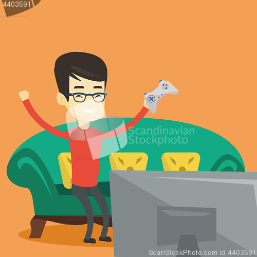 Image of Man playing video game vector illustration.