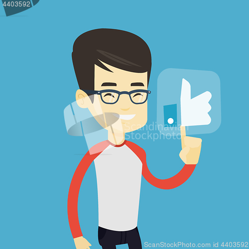 Image of Man pressing like button vector illustration.