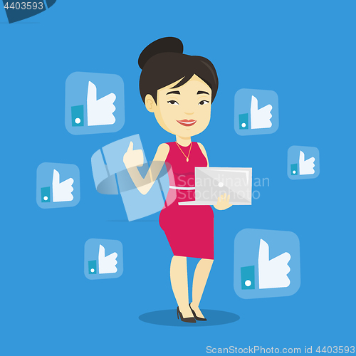Image of Woman with like social network buttons.