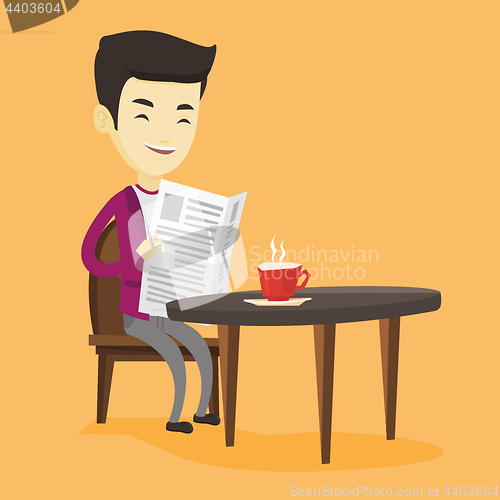 Image of Man reading newspaper and drinking coffee.