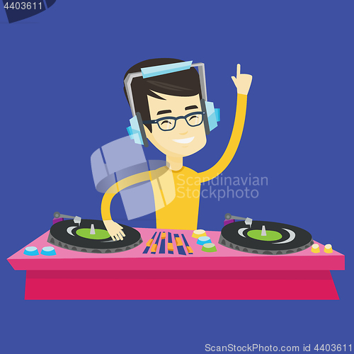 Image of DJ mixing music on turntables vector illustration.