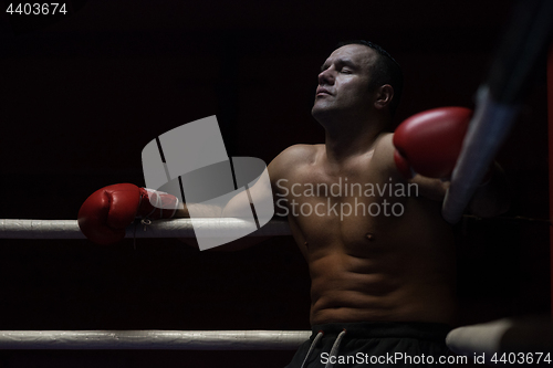 Image of kick boxer resting on the ropes in the corner