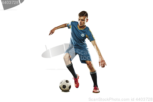 Image of one caucasian soccer player man isolated on white background