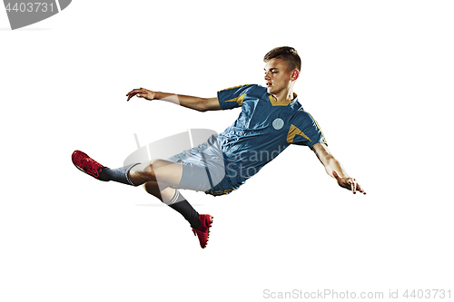 Image of one caucasian soccer player man isolated on white background