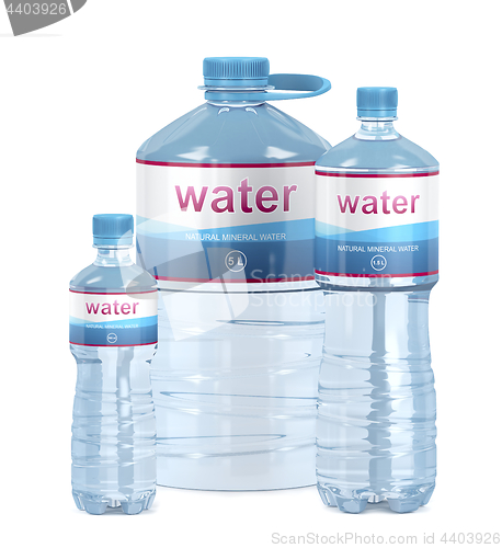 Image of Different water bottles on white background