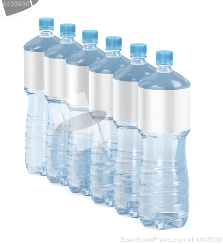 Image of Six water bottles with blank labels