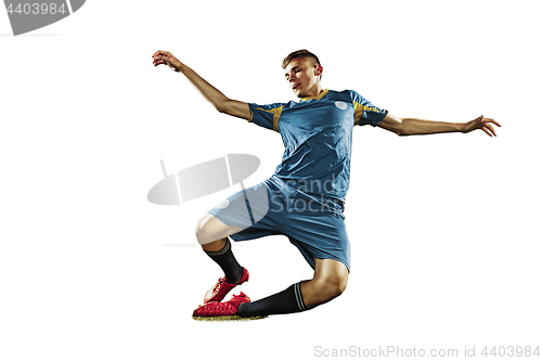 Image of one caucasian soccer player man isolated on white background