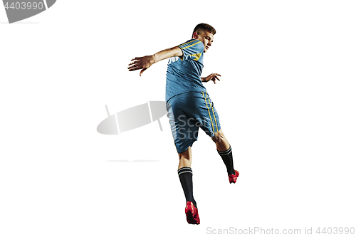 Image of one caucasian soccer player man isolated on white background