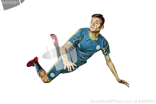 Image of one caucasian soccer player man isolated on white background