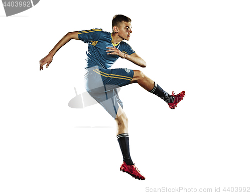 Image of one caucasian soccer player man isolated on white background