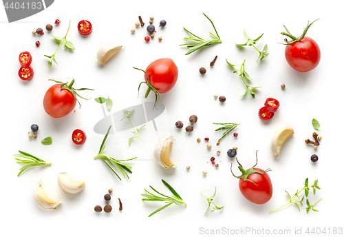 Image of Tomatoes and various herbs and spices