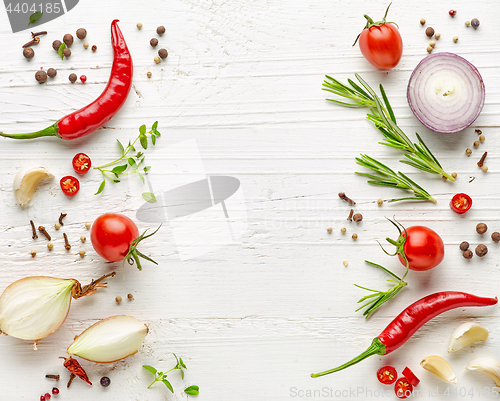 Image of various herbs and spices on white wooden table