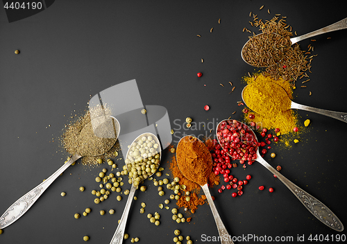 Image of various spices on black background