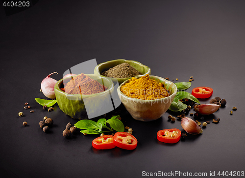 Image of various spices on black background