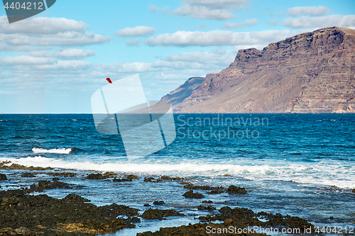 Image of Landscape with volcanic hills and atlantic ocean in Lanzarote 