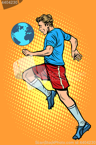 Image of World championship. football player with planet Earth like a soc