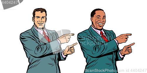 Image of white and black businessman pointing finger sideways