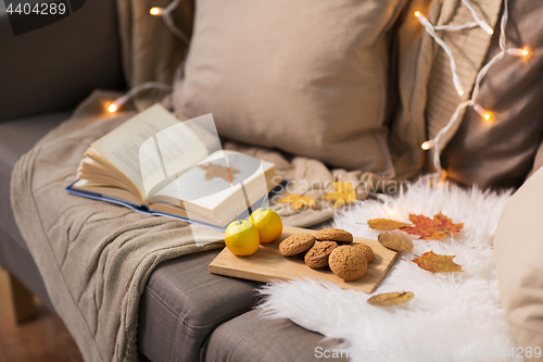 Image of lemons, book, almond and oatmeal cookies on sofa