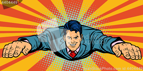 Image of Joyful businessman flying, superhero