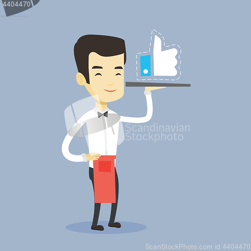 Image of Waiter with like button vector illustration.