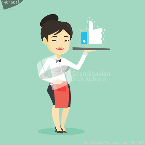 Image of Waitress with like button vector illustration.