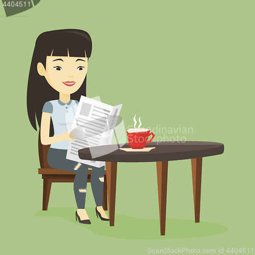 Image of Woman reading newspaper and drinking coffee.