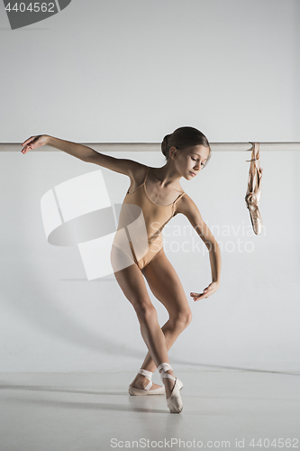 Image of The girl is training near the ballet barre.