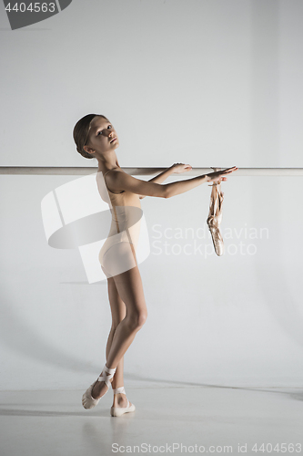 Image of The girl is training near the ballet barre.