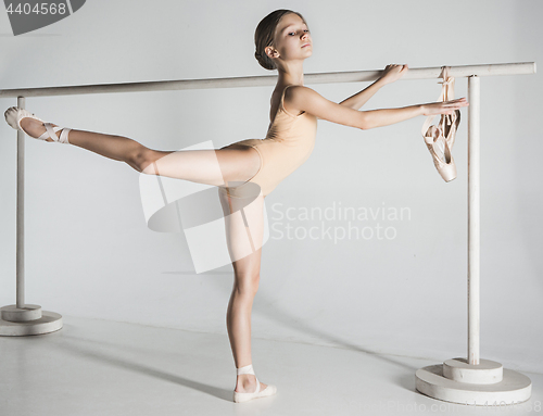 Image of The girl is training near the ballet barre.