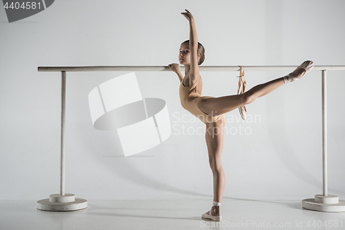 Image of The girl is training near the ballet barre.