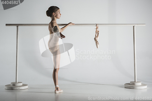 Image of The girl is training near the ballet barre.