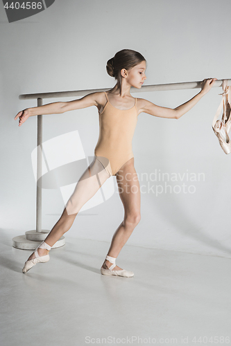 Image of The girl is training near the ballet barre.