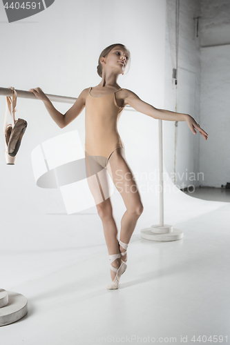 Image of The girl is training near the ballet barre.