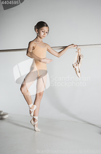 Image of The girl is training near the ballet barre.