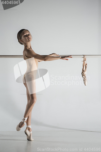 Image of The girl is training near the ballet barre.