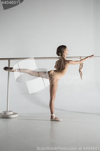 Image of The girl is training near the ballet barre.