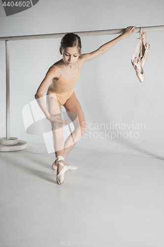 Image of The girl is training near the ballet barre.
