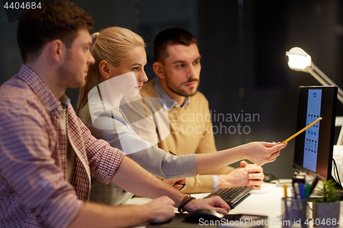 Image of business team with computer working late at office