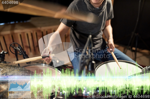 Image of drummer playing drum kit at sound recording studio